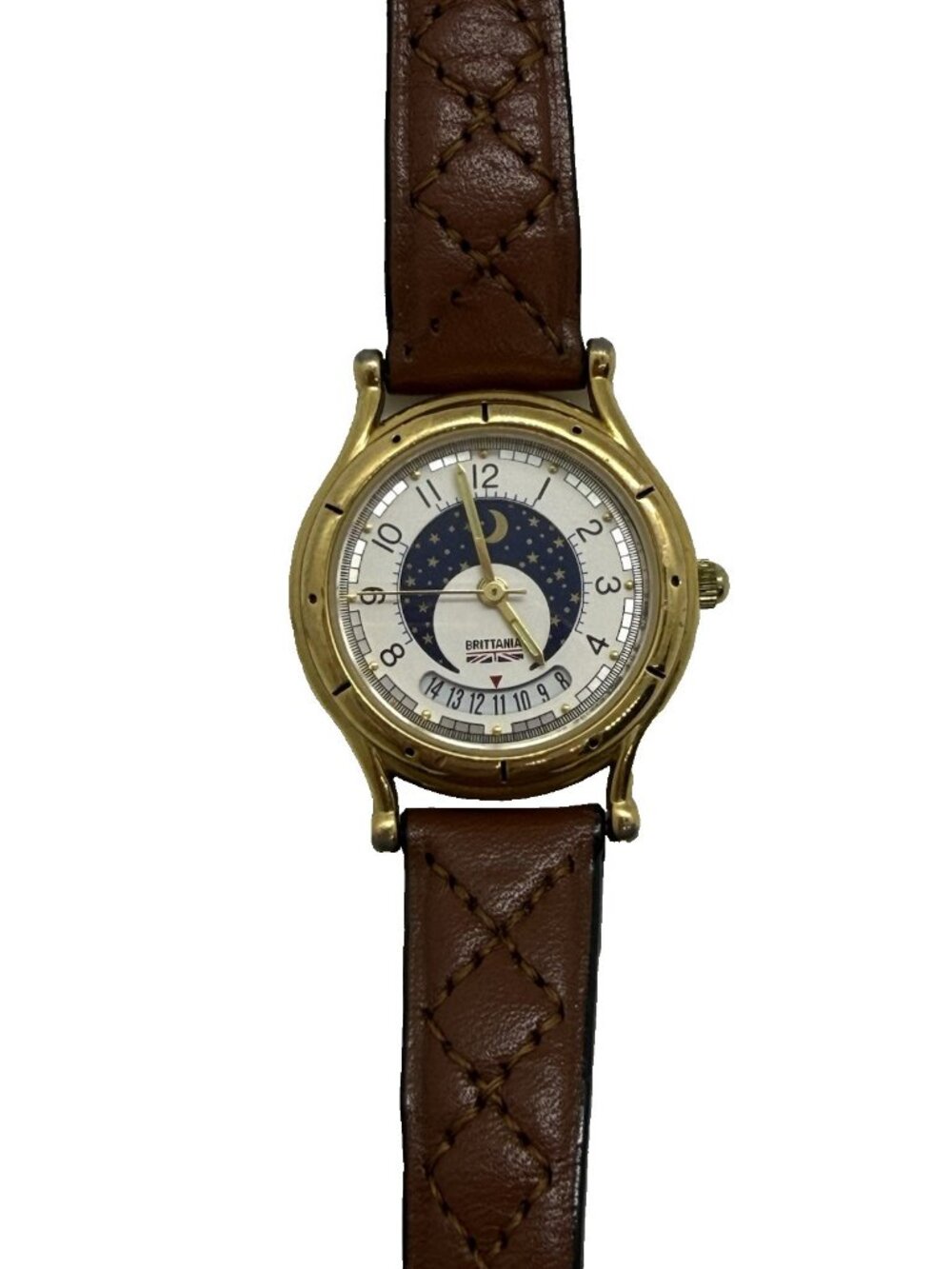 Vtg Brittania Moon Phase Quartz Watch BL232 Gold Tone Date Brown Leather Band